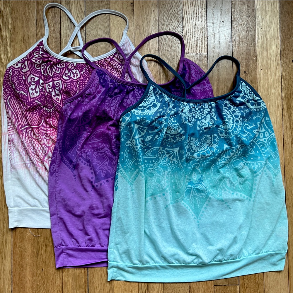 Lot of three stylish Prana henna print tank/bra tops!